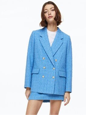 H&M Double-Breasted Bouclé Blazer Jacket and skirt set aqua blue XS  6us